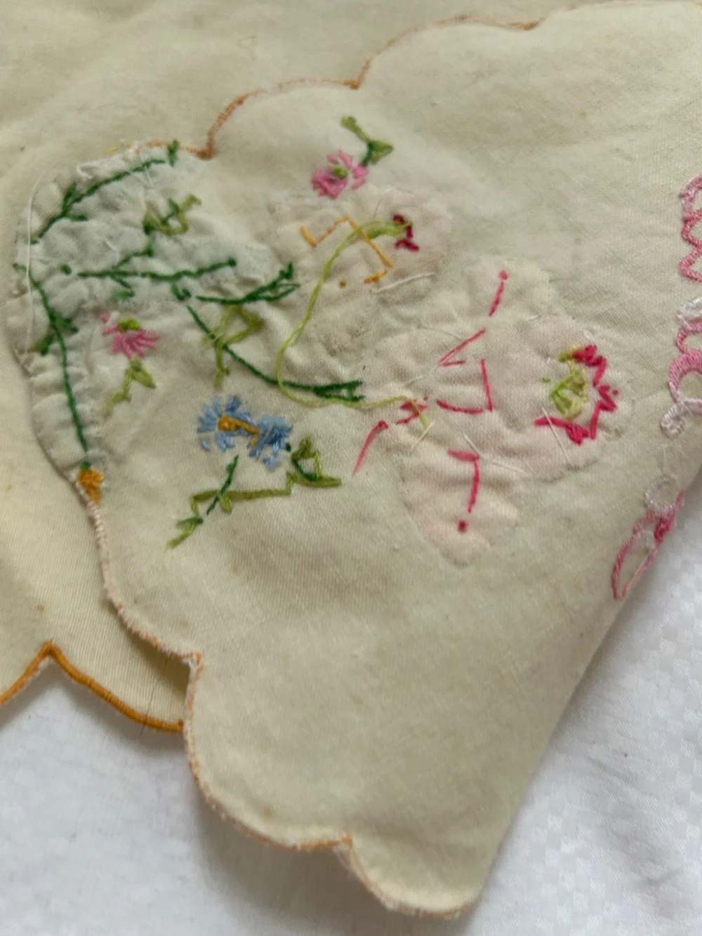 Antique St Barth handmade embroidered applique set 8 blue white doilies center